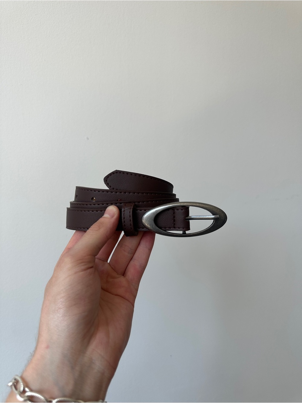 Men's Brown Leather Belt with Oval Metal Buckle